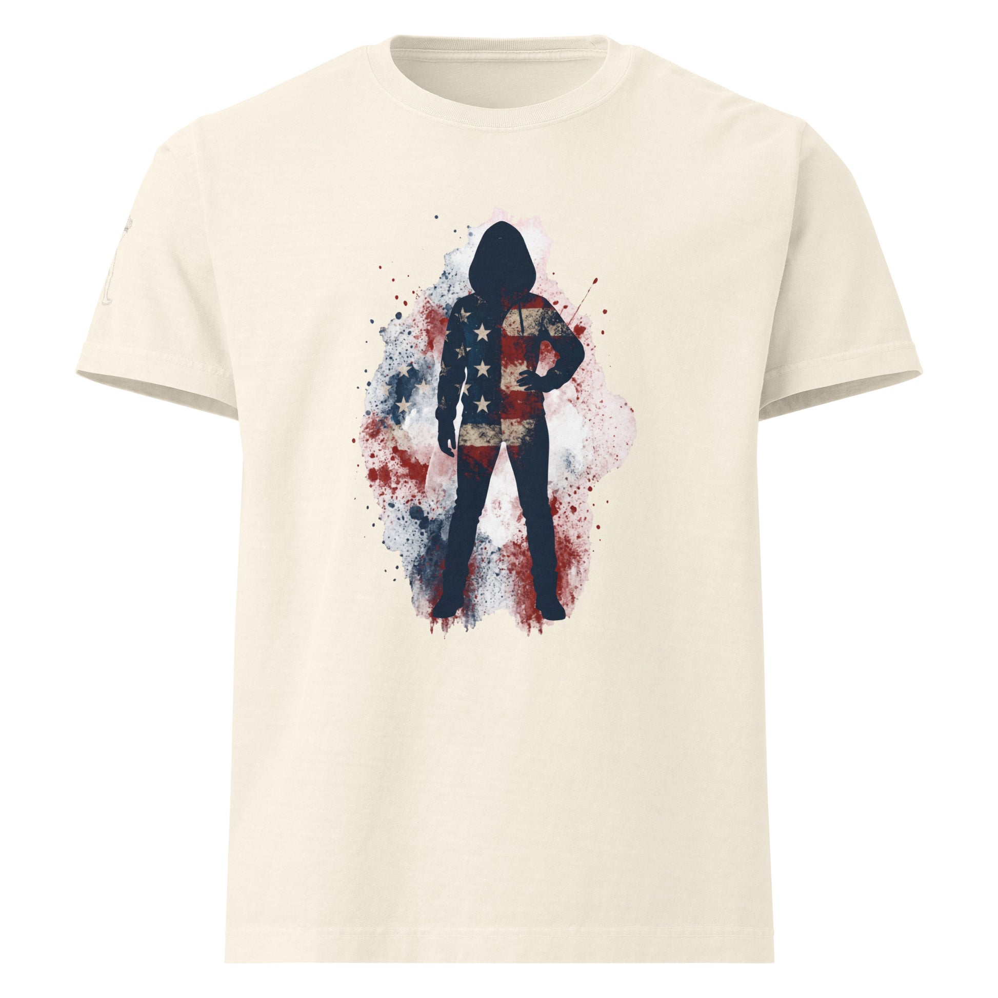 White graphic t-shirt with a design of a person in a suit with the American flag,premium cotton t shirt
