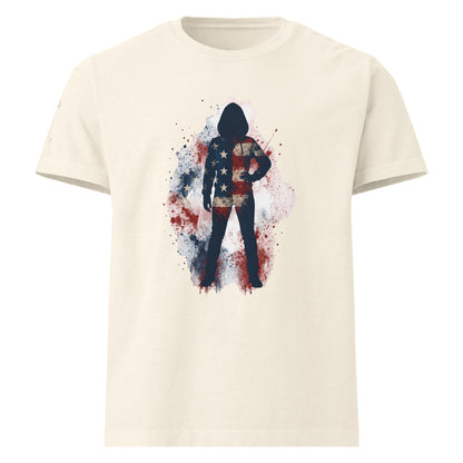 White graphic t-shirt with a design of a person in a suit with the American flag,premium cotton t shirt
