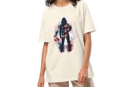 streetwear t shirt with character design in a white t-shirt with a colorful graphic design on an USA flag