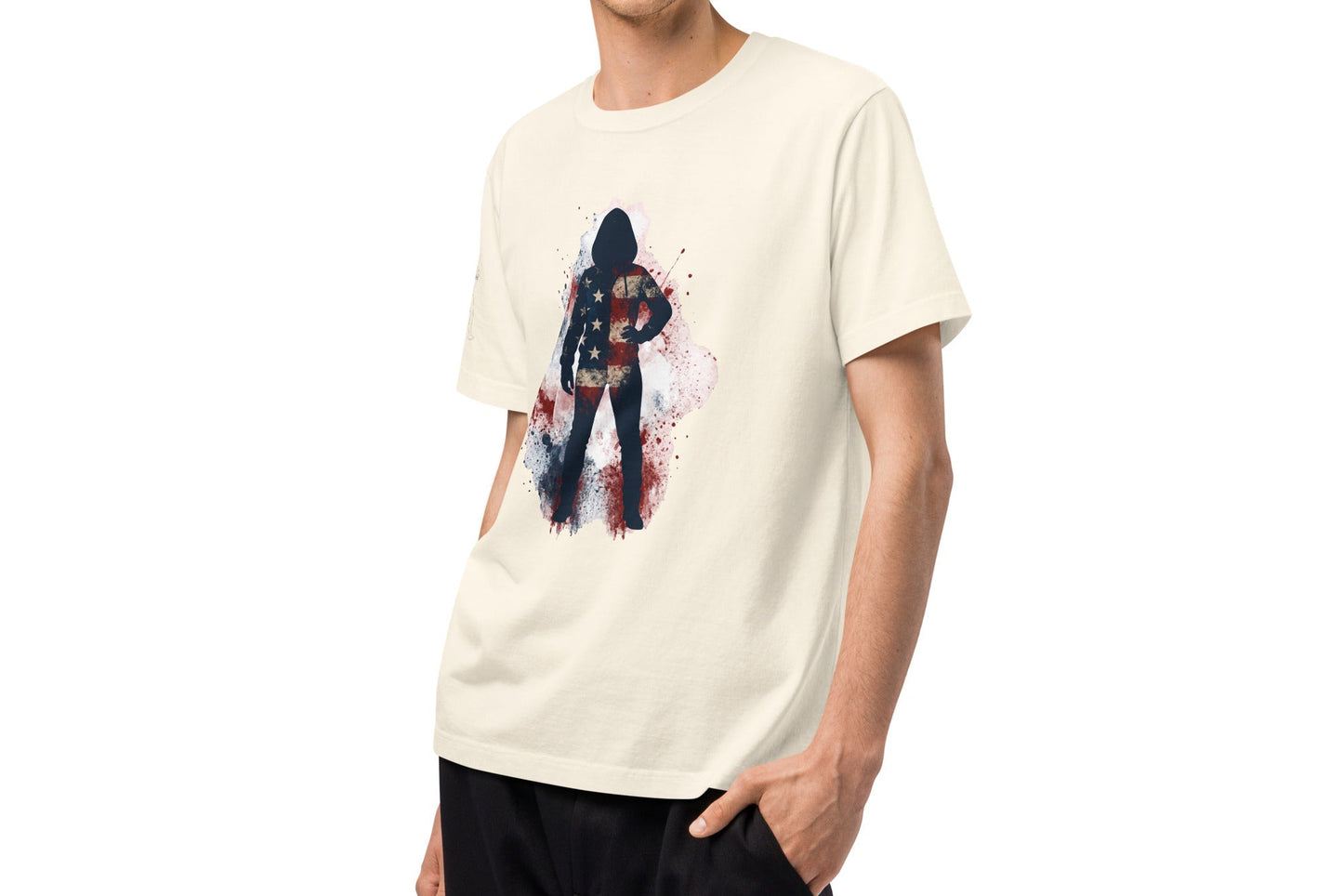High fashion streetwear whitet-shirt  with a silhouette with the color of the USA flag 
