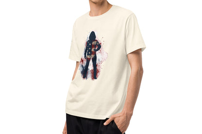 High fashion streetwear whitet-shirt  with a silhouette with the color of the USA flag 