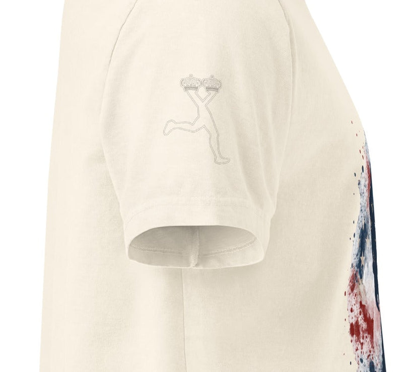 White t-shirt with a stylized character  of LUX  on the sleeve 