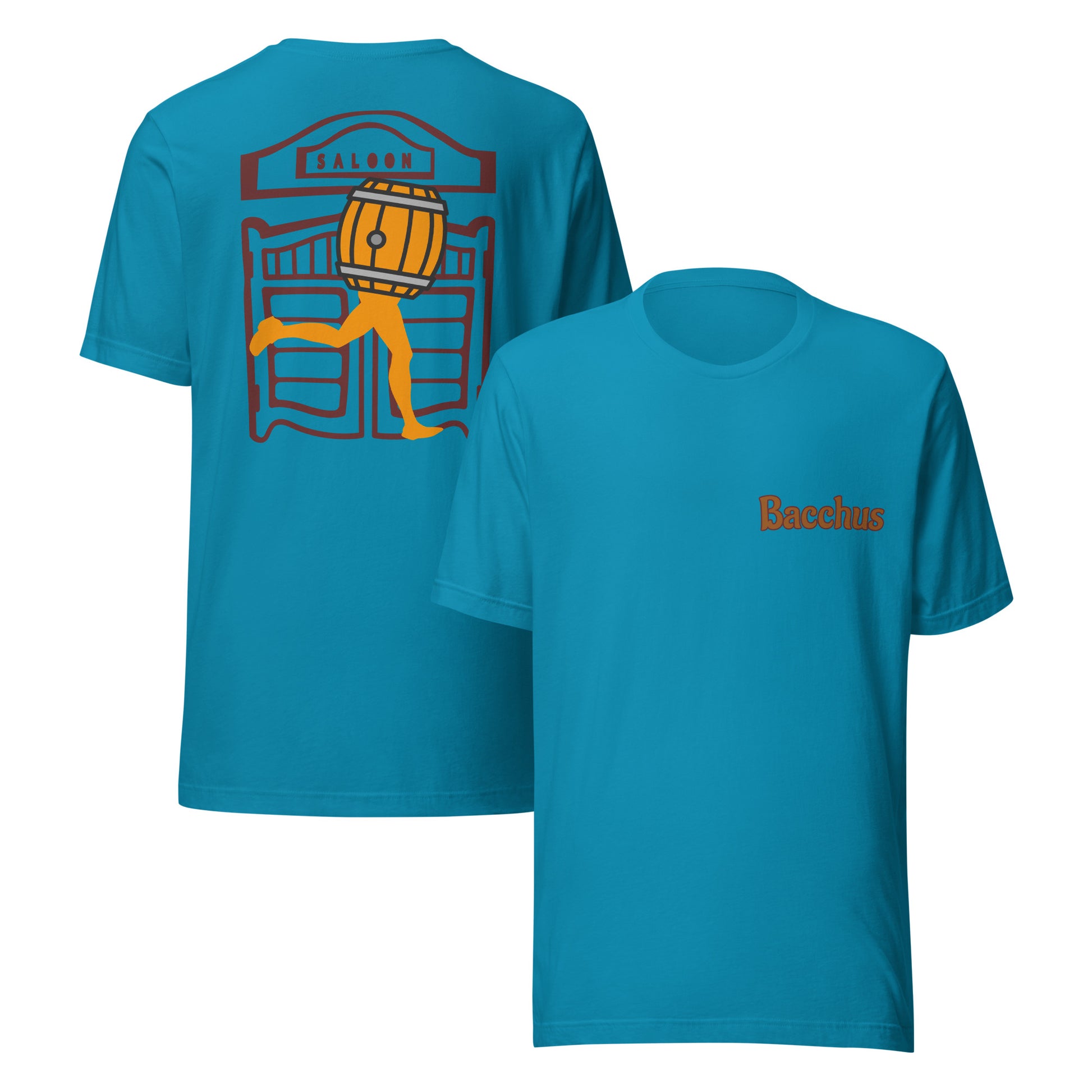 Blue t-shirt with graphic design on front and 'Bacchus' branding on back