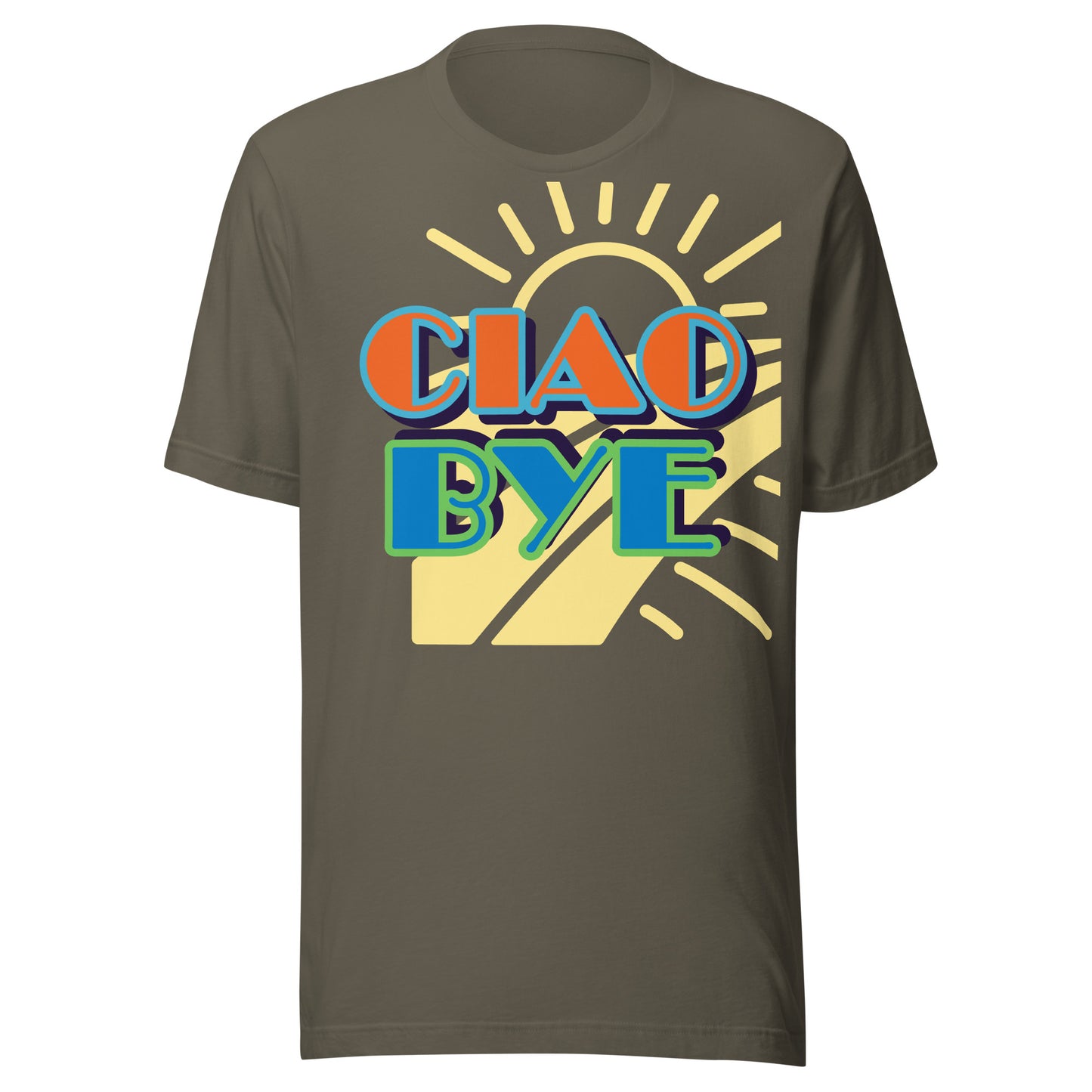 A dark olive brown short-sleeve t-shirt with a retro graphic on the chest reading 'CIAO BYE' in orange and teal letters over a yellow sunburst illustration.