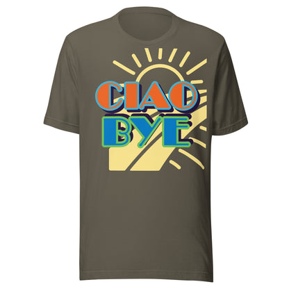 A dark olive brown short-sleeve t-shirt with a retro graphic on the chest reading 'CIAO BYE' in orange and teal letters over a yellow sunburst illustration.
