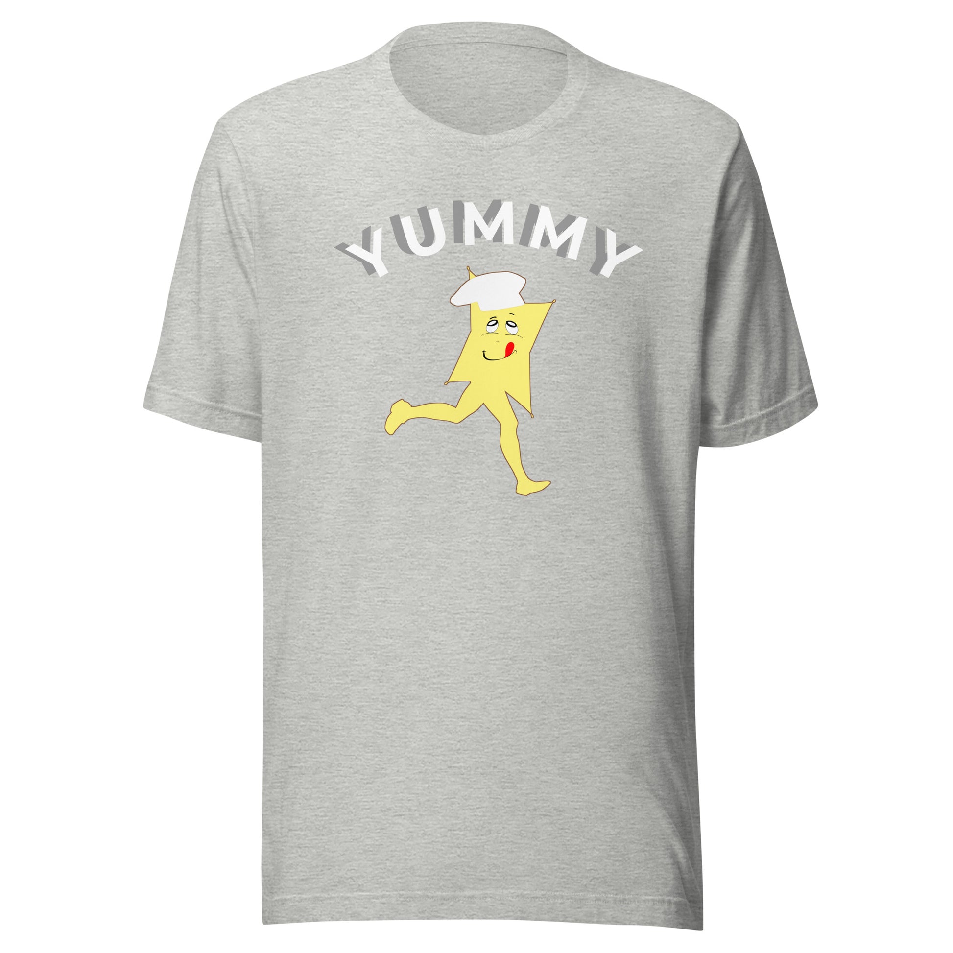 Gray t-shirt with a cartoon character and 'Yummy' text on a white background