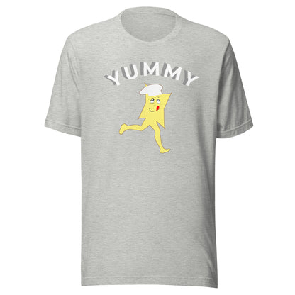Gray t-shirt with a cartoon character and 'Yummy' text on a white background