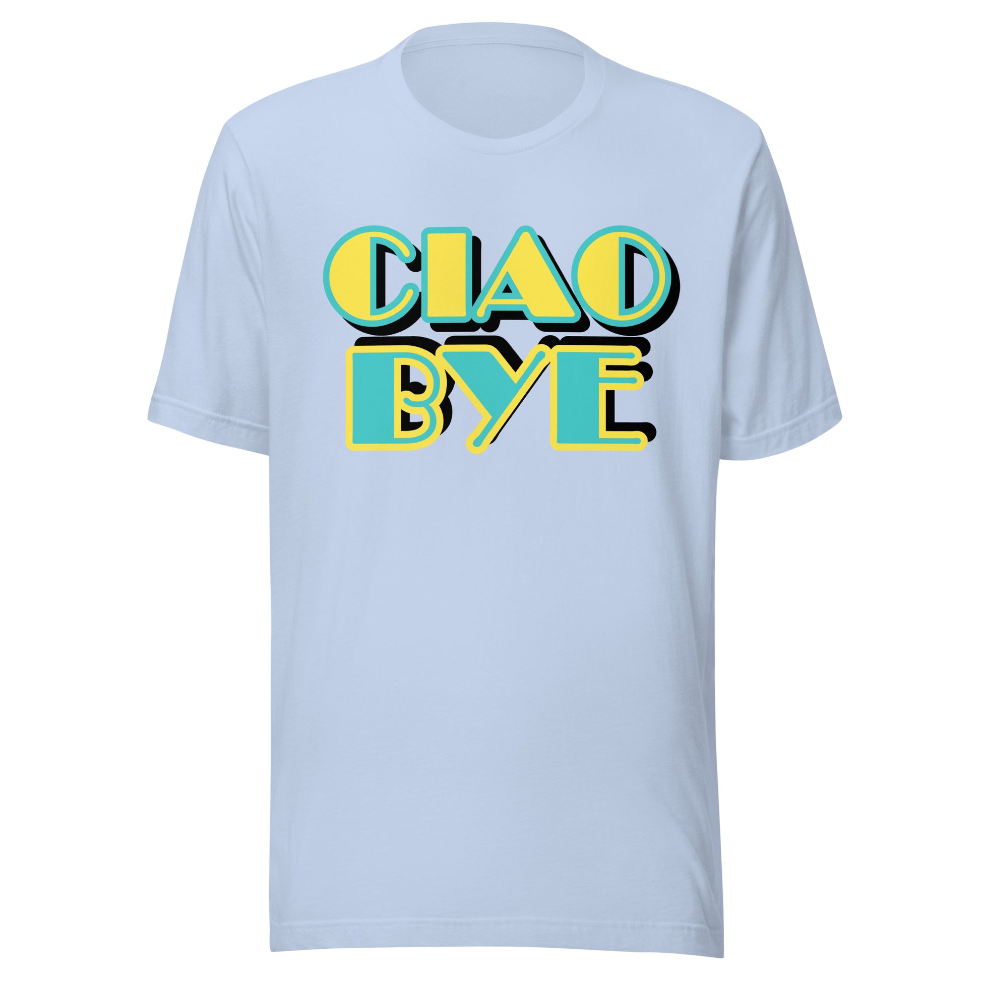 A light blue crewneck t-shirt featuring a retro-style graphic on the chest that reads 'CIAO BYE' in bold yellow letters with a teal fill and black shadow.