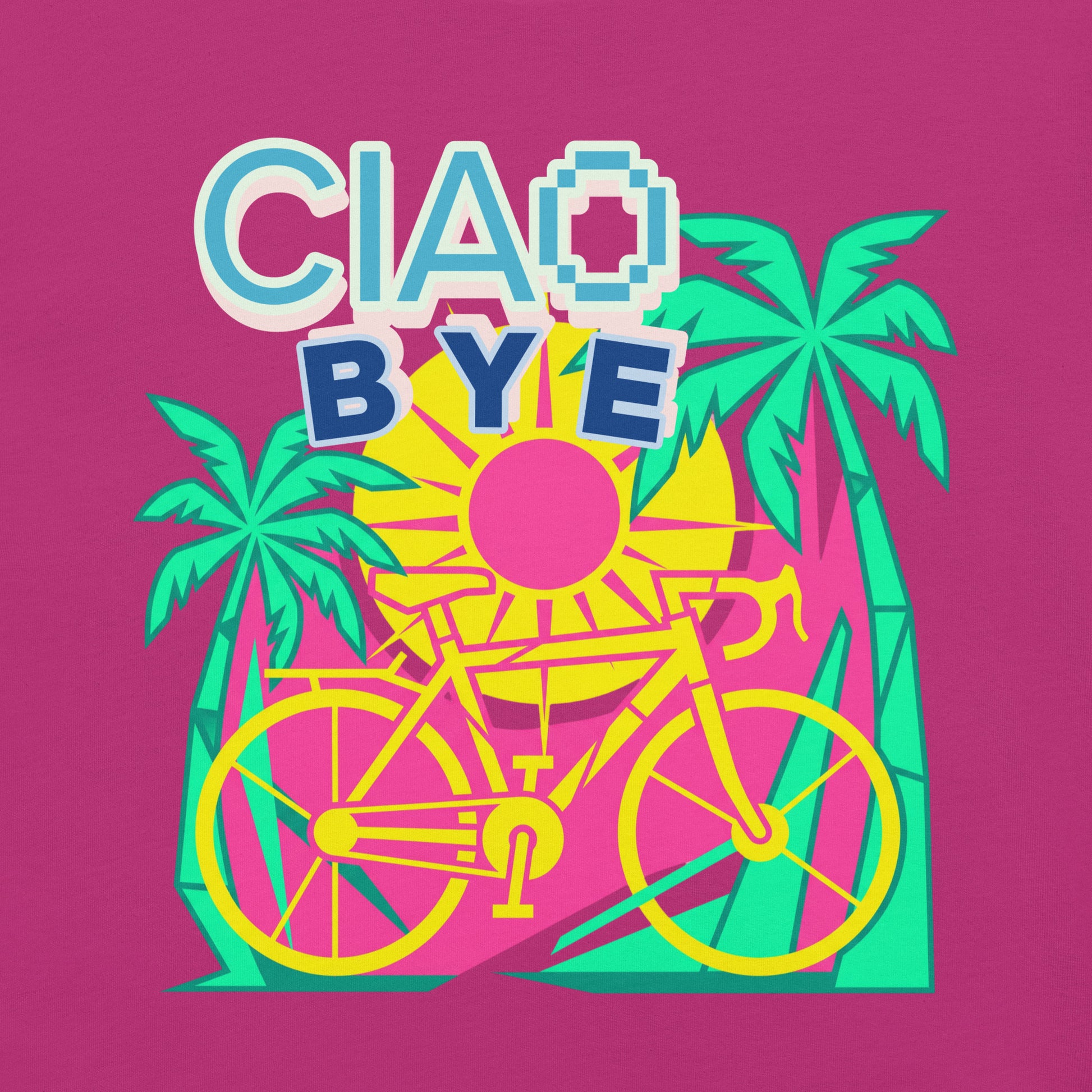 A colorful retro-style graphic print featuring the text 'CIAO BYE' above a yellow bicycle, sun, and green palm trees on a bright pink background.