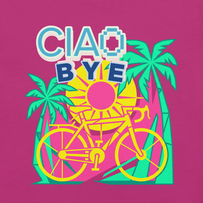 A colorful retro-style graphic print featuring the text 'CIAO BYE' above a yellow bicycle, sun, and green palm trees on a bright pink background.