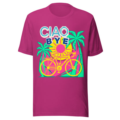 A magenta short-sleeve t-shirt with a retro graphic on the front featuring the text 'CIAO BYE' in a pixelated font, a yellow bicycle, and green palm trees.