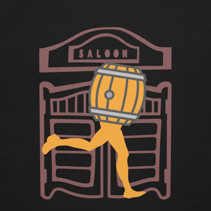 Illustration of Bacchus character with a saloon door in the background on a black background
