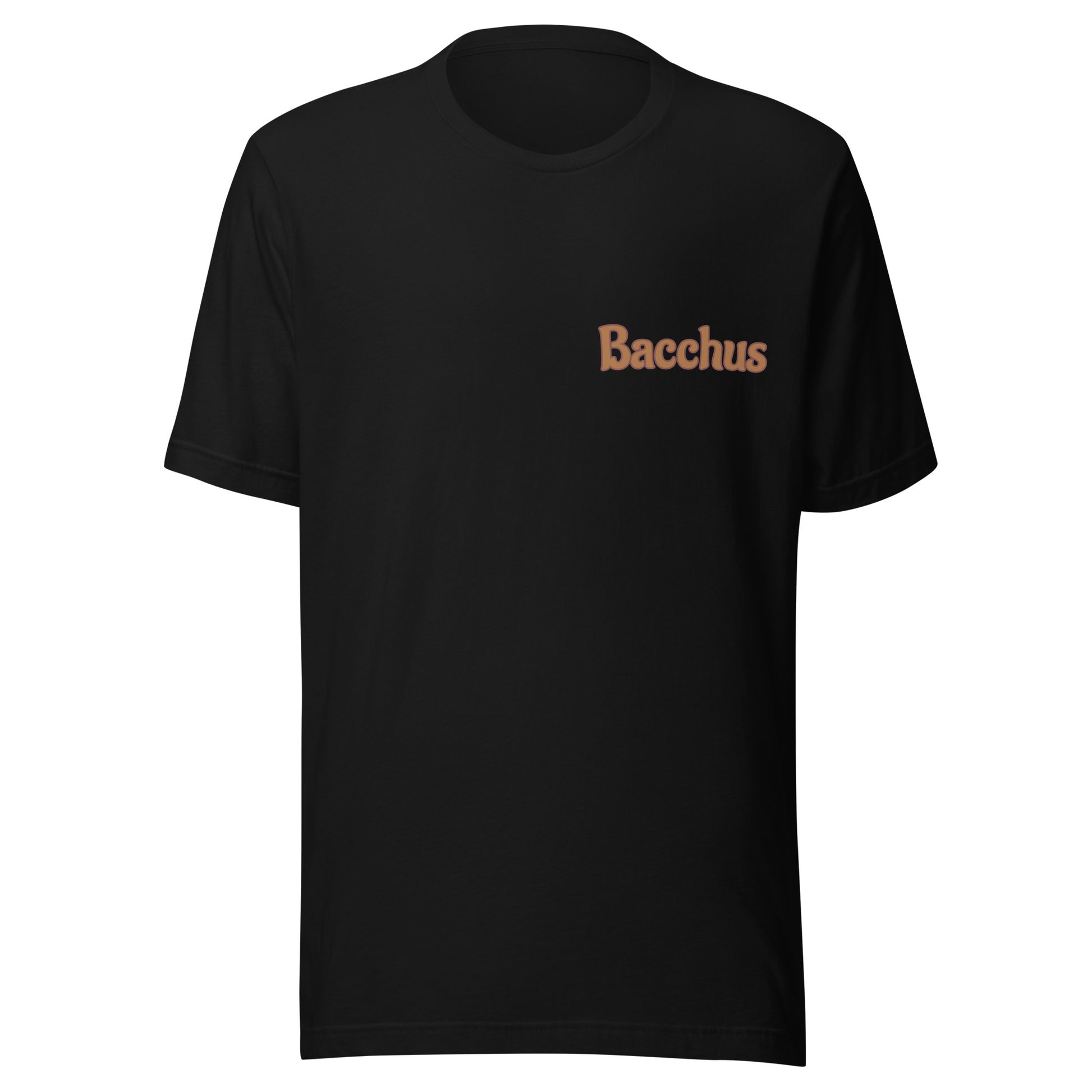 Black t-shirt with 'Bacchus' text on a white background