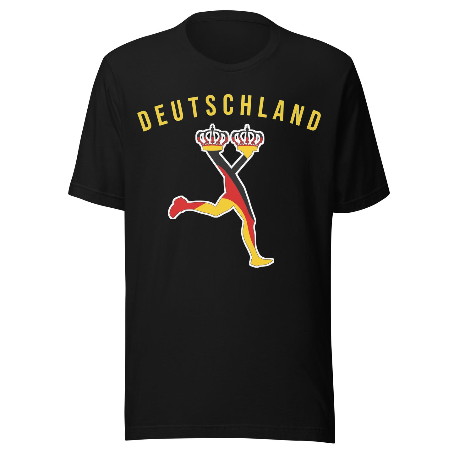 Black premium cotton t-shirt featuring Lux original character in Germany flag colors with yellow graphic lettering, World Football Edition 2026.