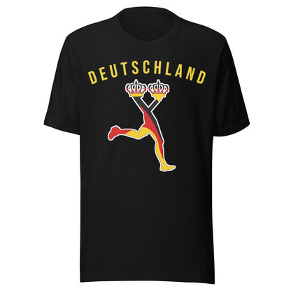 Black premium cotton t-shirt featuring Lux original character in Germany flag colors with yellow graphic lettering, World Football Edition 2026.