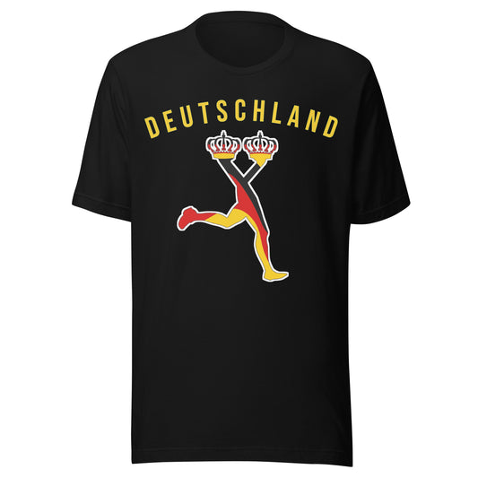 Black premium cotton t-shirt featuring Lux original character in Germany flag colors with yellow graphic lettering, World Football Edition 2026.