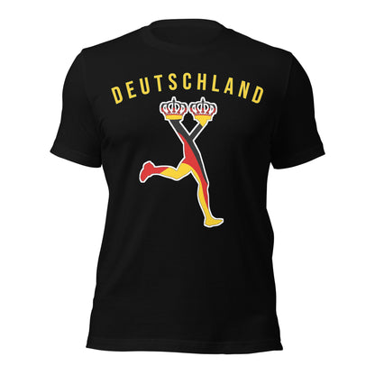Deutschland Edition streetwear tee in black with yellow Lux runner artwork, exclusive character design for international football fans.