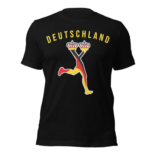Deutschland Edition streetwear tee in black with yellow Lux runner artwork, exclusive character design for international football fans.