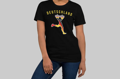 Woman wearing a black t-shirt with text Deutschland and design with the German flag