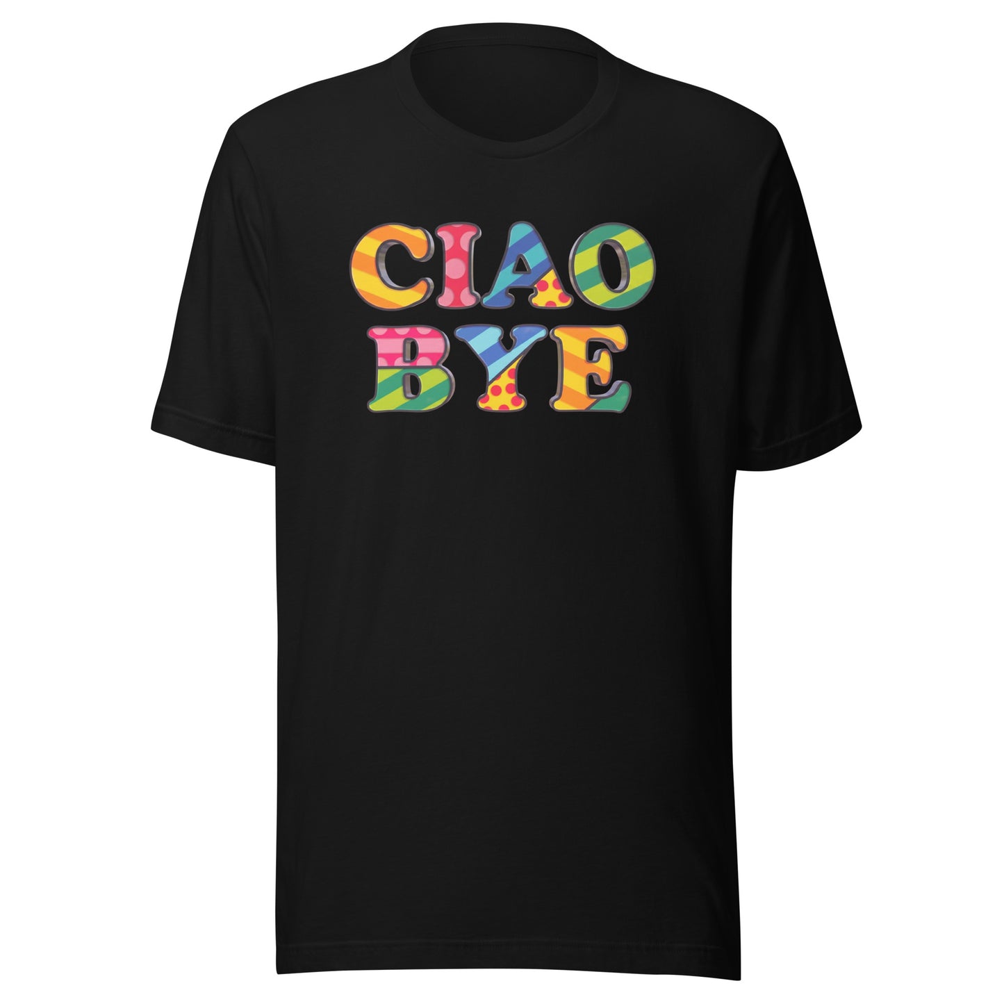 A black short-sleeve crewneck t-shirt featuring the text 'CIAO BYE' printed on the chest in a colorful, retro patterned font with shades of yellow, orange, pink, blue, and green.