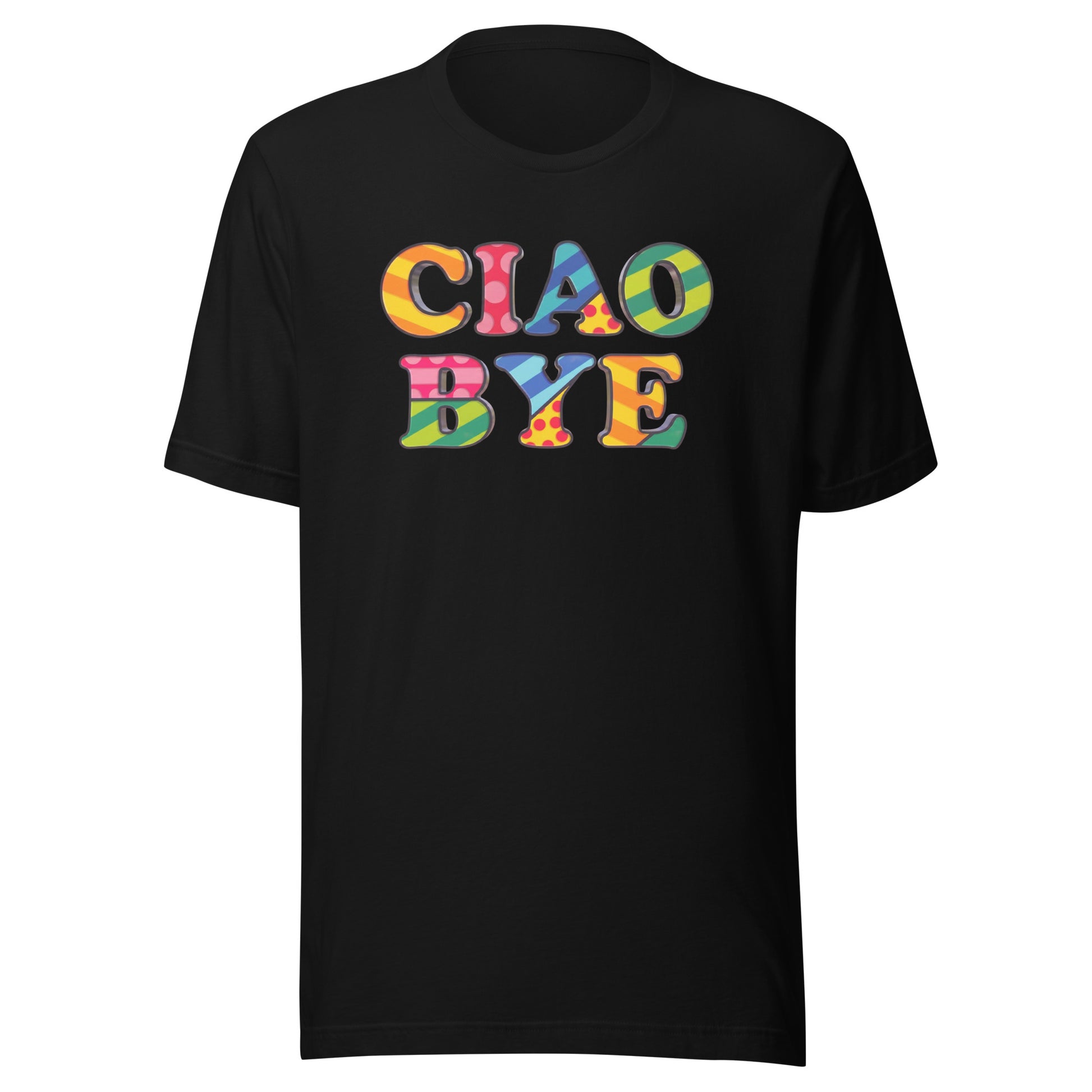 A black short-sleeve crewneck t-shirt featuring the text 'CIAO BYE' printed on the chest in a colorful, retro patterned font with shades of yellow, orange, pink, blue, and green.