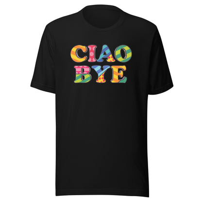 A black short-sleeve crewneck t-shirt featuring the text 'CIAO BYE' printed on the chest in a colorful, retro patterned font with shades of yellow, orange, pink, blue, and green.