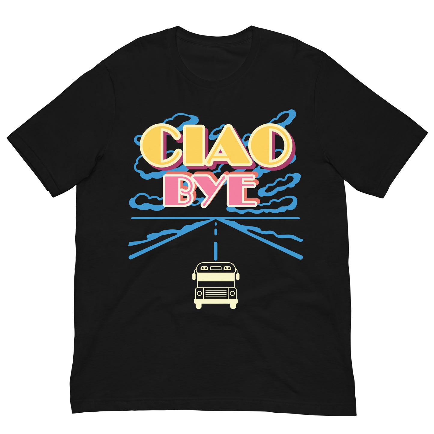 A black short-sleeve crewneck t-shirt featuring a retro-style graphic print on the front with the text 'CIAO BYE' in yellow and pink bubble letters, blue clouds, a road, and a small retro bus.
