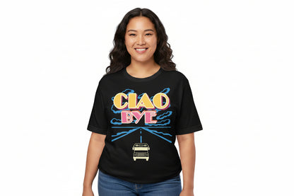 A woman modeling a black short-sleeve graphic t-shirt with a retro 'CIAO BYE' bus design on the front, set against a plain white background.