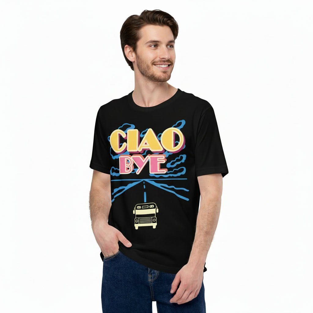 A man wearing a black graphic t-shirt with a retro 'CIAO BYE' bus design, paired with blue jeans, set against a plain white background.