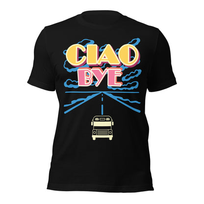 A black short-sleeve t-shirt with a retro-style graphic on the front reading 'CIAO BYE' in yellow and pink letters, with blue clouds and a school bus illustration below, shown on a plain white background.