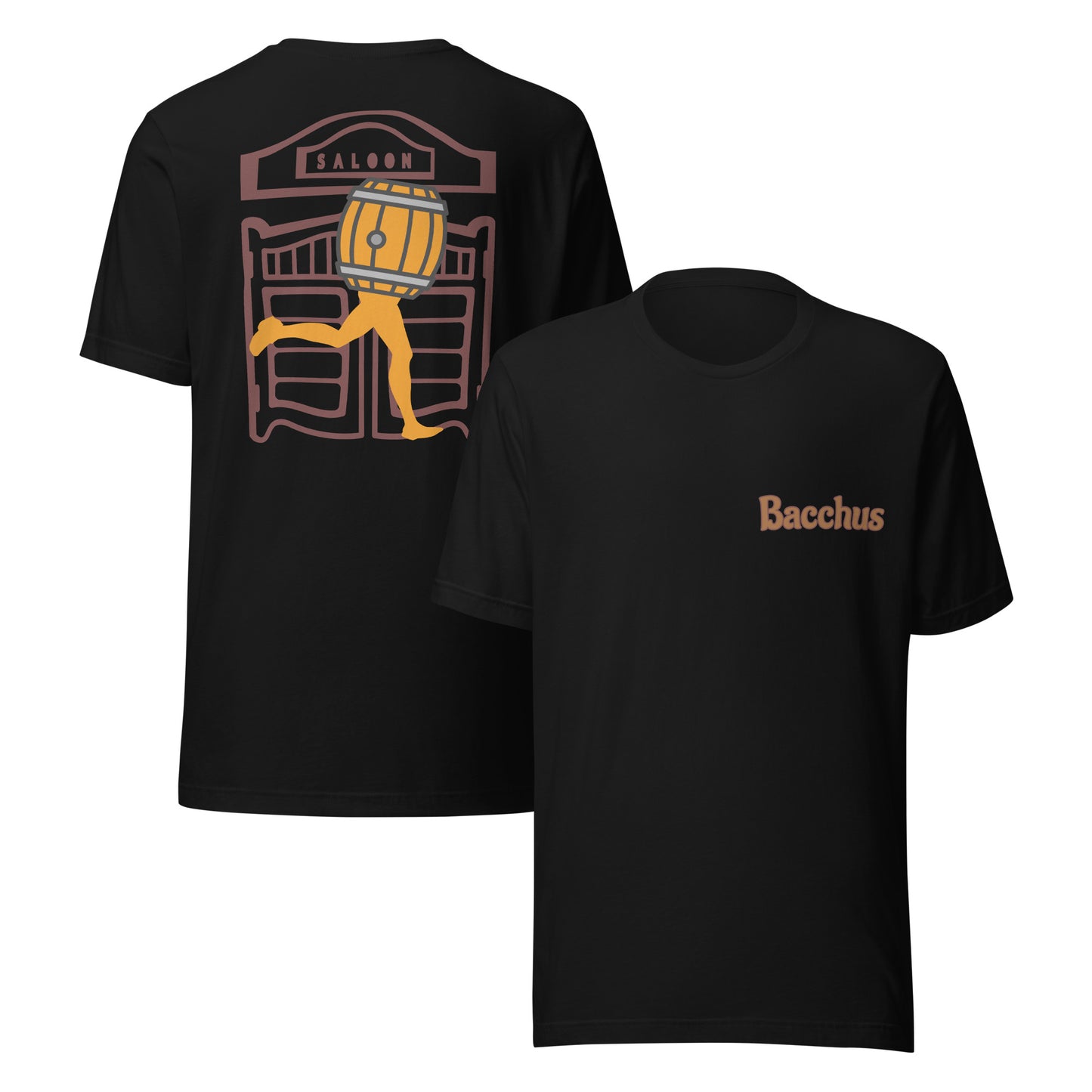 Black t-shirt with a graphic of a classic truck on the back and Bacchus text on the front, displayed on a brown background.