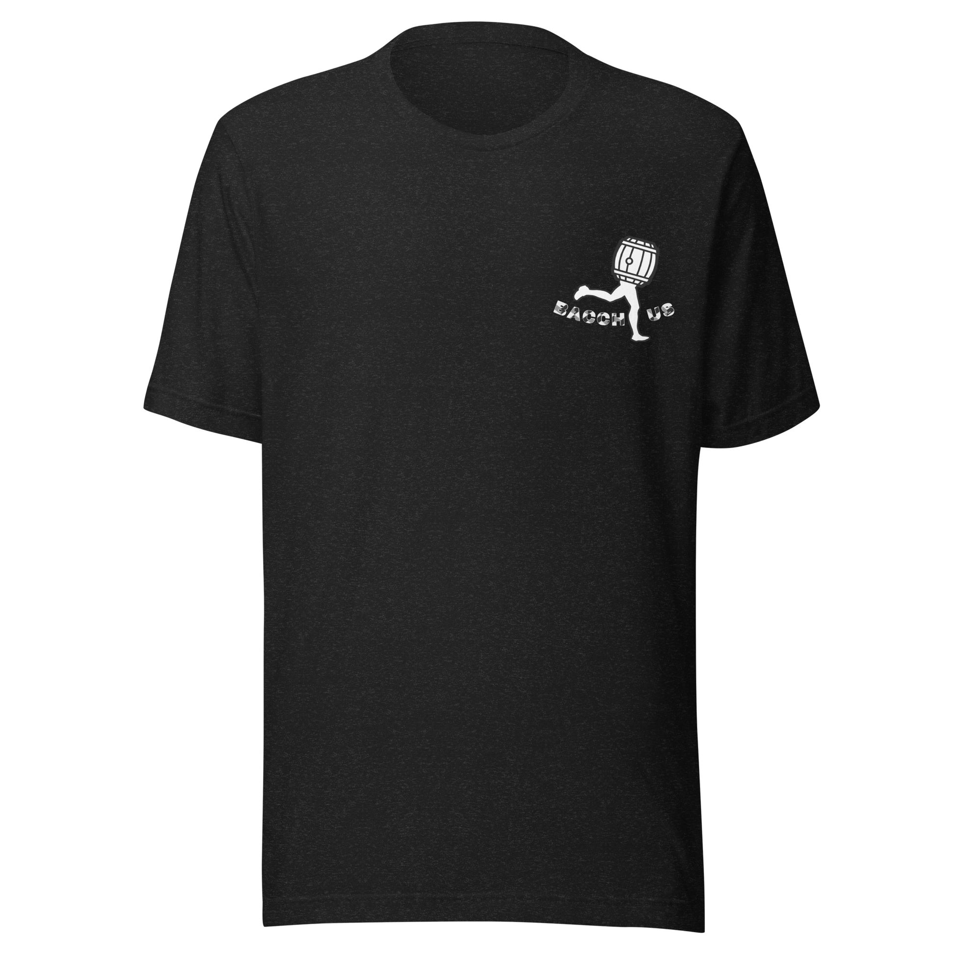 Black t-shirt with the Bacchus character in the upper front  left side 