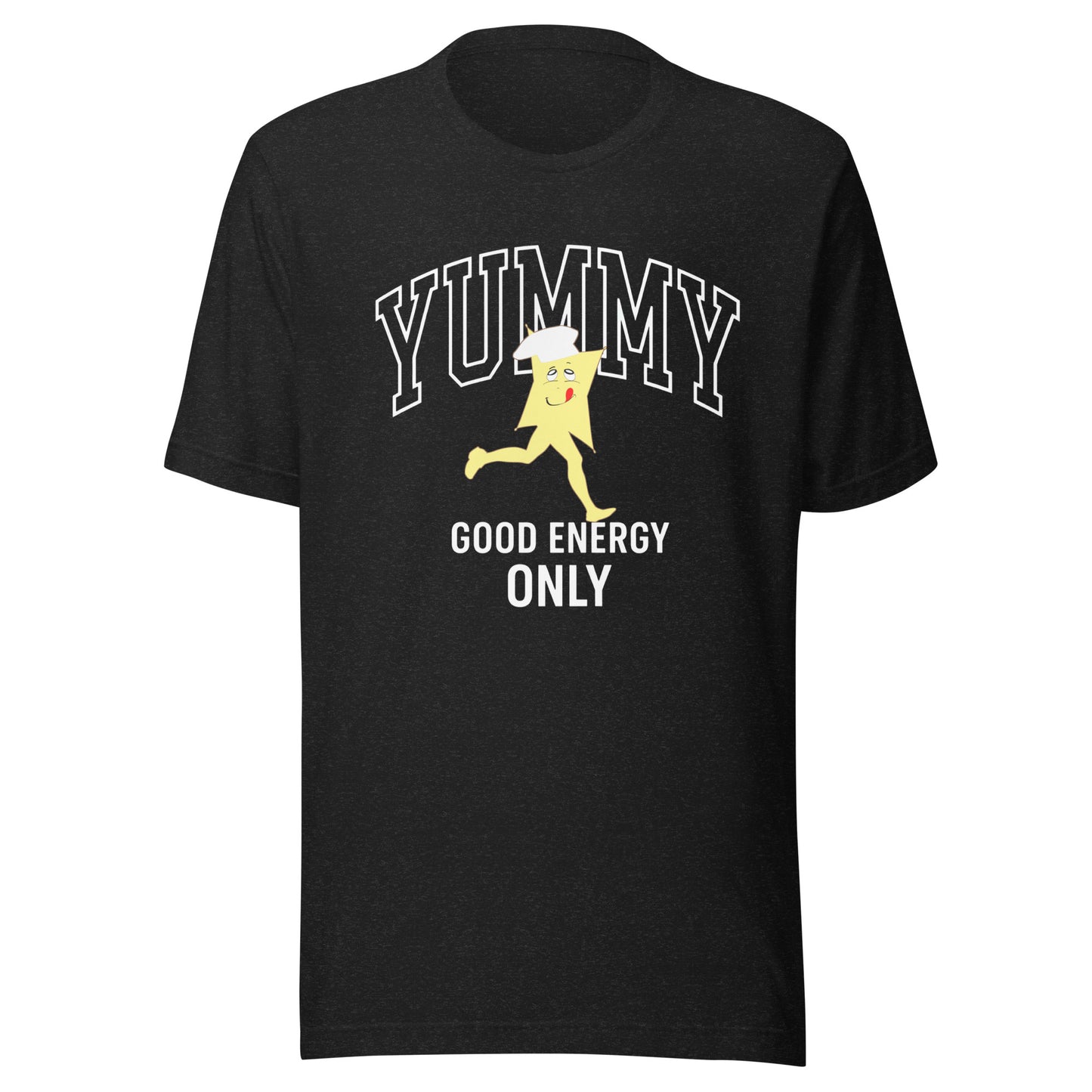 Black t-shirt with a graphic of the cartoon character YUMMy and text "Good energy only"