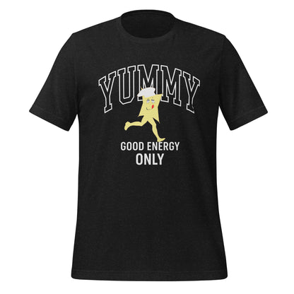Black graphic tee with a graphic of a cartoon character YUMMY and text "good energy only"
