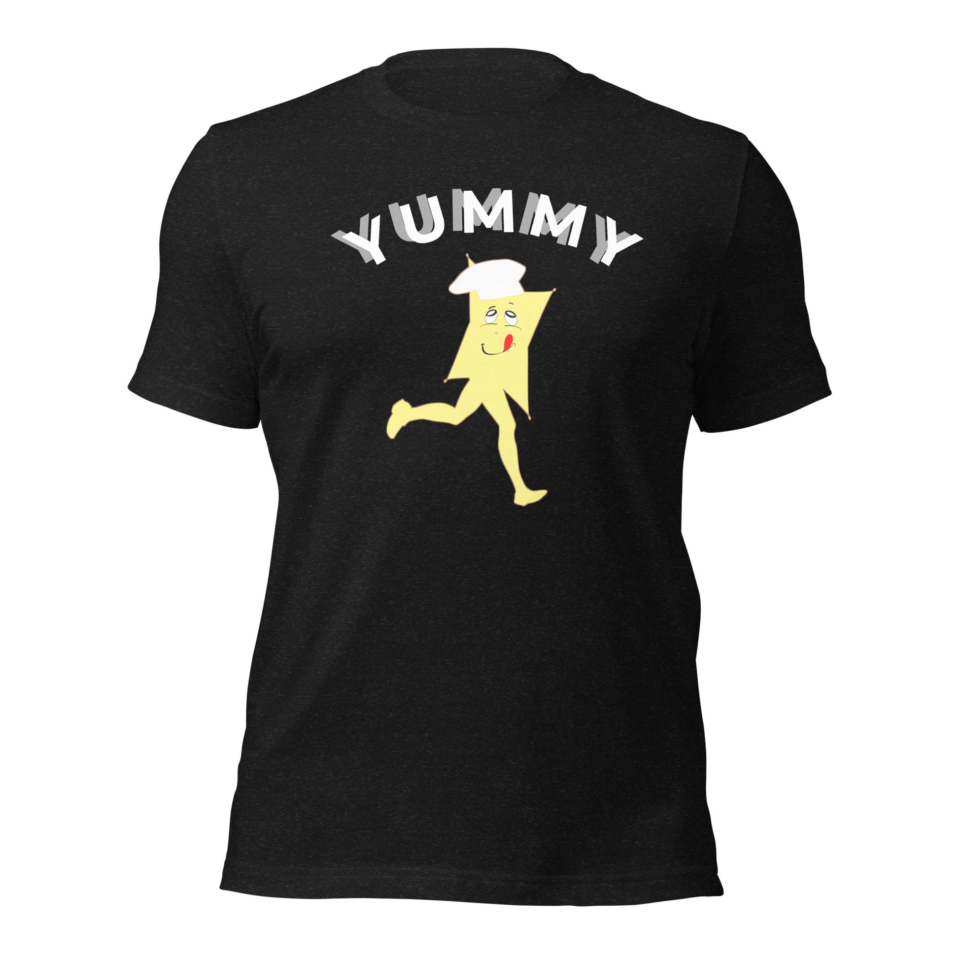 Black t-shirt with a cartoon character and 'Yummy' text on a white background