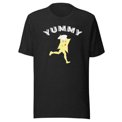 Navy t-shirt with a YUMMY character and text "Yummy" in this graphic design tee