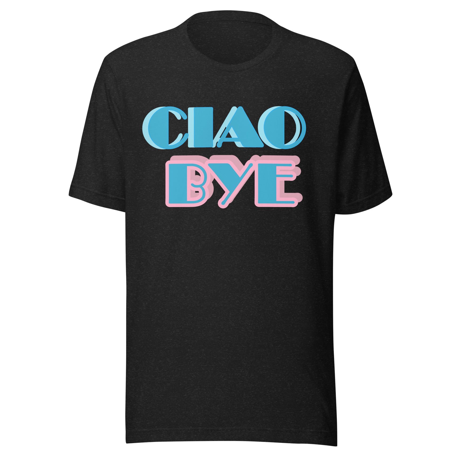A black short-sleeve crewneck t-shirt featuring a retro graphic on the chest that reads 'CIAO' in light blue and 'BYE' in light pink, both outlined in white.