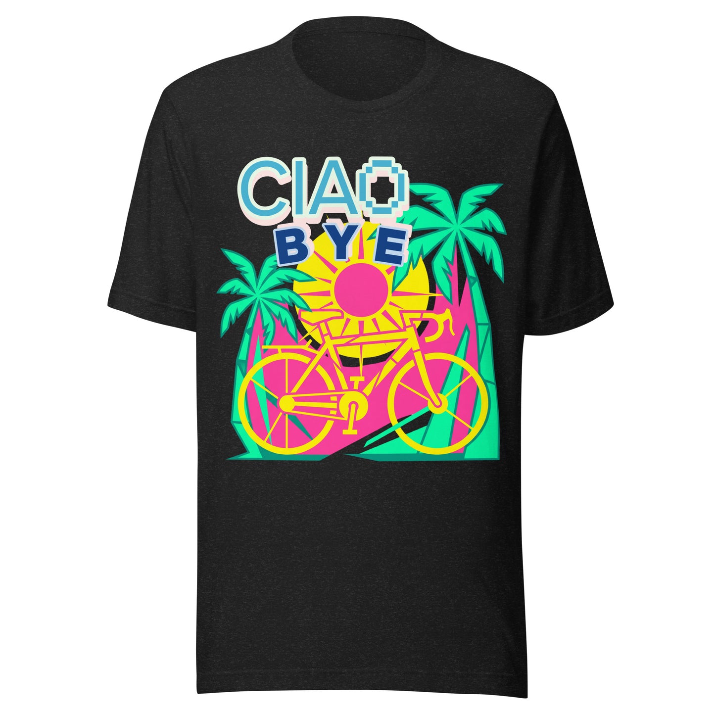 A black short-sleeve crewneck t-shirt featuring a colorful retro graphic on the front with the text 'CIAO BYE', a yellow bicycle, and pink and green palm trees.