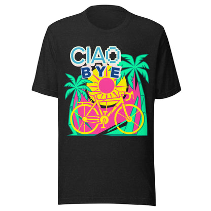 A black short-sleeve crewneck t-shirt featuring a colorful retro graphic on the front with the text 'CIAO BYE', a yellow bicycle, and pink and green palm trees.