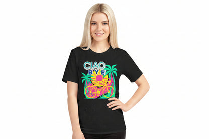 A woman modeling a black short-sleeve t-shirt with a colorful retro graphic that reads 'CIAO BYE' above a neon-style illustration of palm trees, sunglasses, and a pink drink glass.