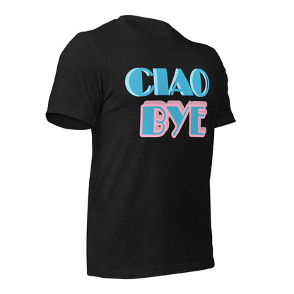 A black short-sleeve t-shirt with a retro graphic on the front reading 'CIAO BYE' in light blue and pink bubble letters,Side view.