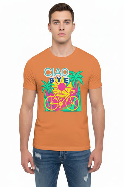 A man wearing a bright orange crewneck t-shirt with a colorful retro graphic that reads 'CIAO BYE' with palm trees and a bicycle, paired with blue jeans.