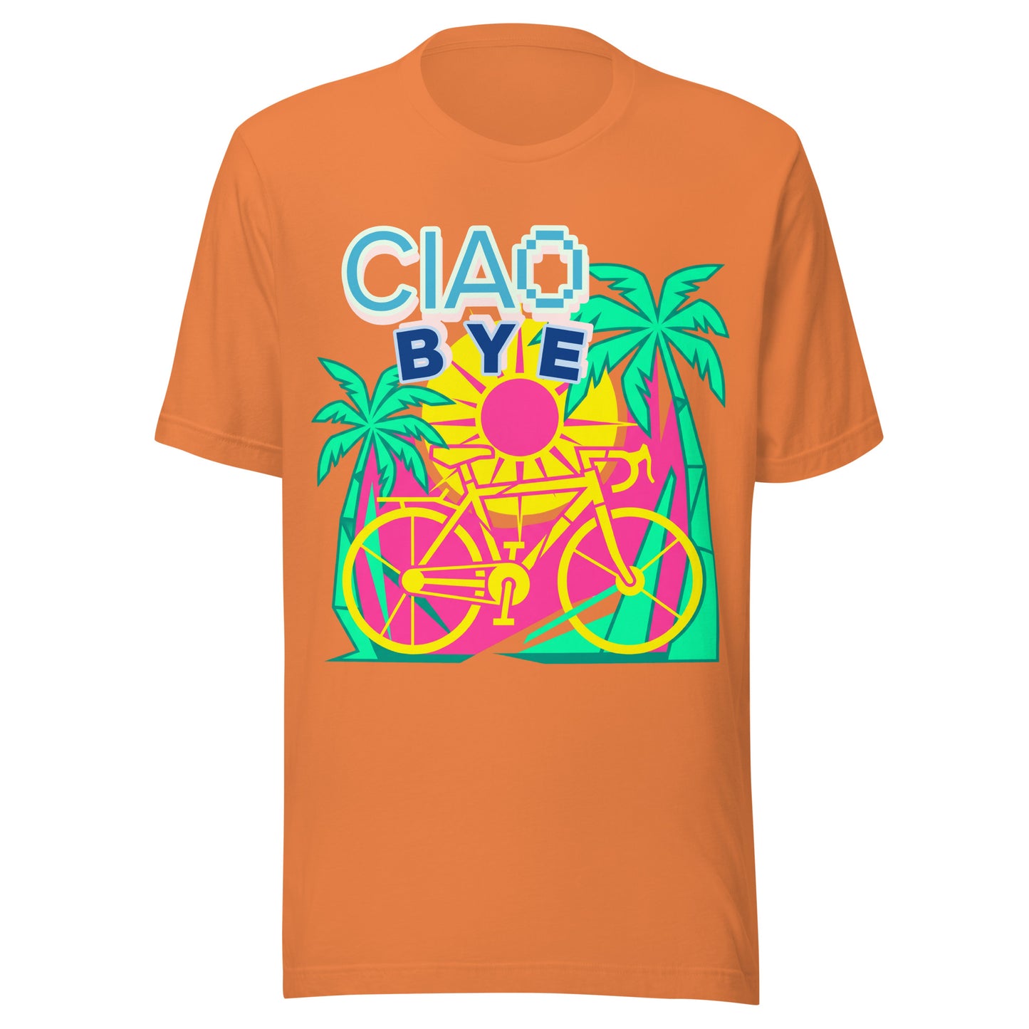 An orange short-sleeve crewneck t-shirt featuring a colorful retro graphic on the front with the text 'CIAO BYE' and a bicycle design.
