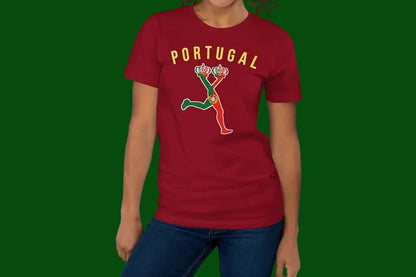 Person wearing a red t-shirt with text Portugal on it in the front e LUX character with the Portugal flag