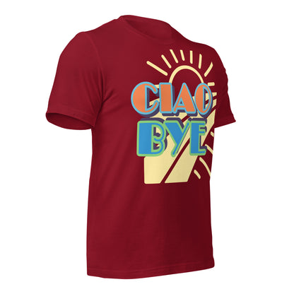A red short-sleeve t-shirt with a retro-style graphic on the front reading 'CIAO BYE' in orange and blue gradient letters over a yellow sunburst and diagonal stripe design, shown on a plain white background.