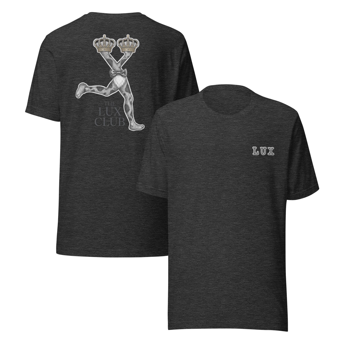 Dark Grey t-shirt with a graphic design of LUX club,front and back view