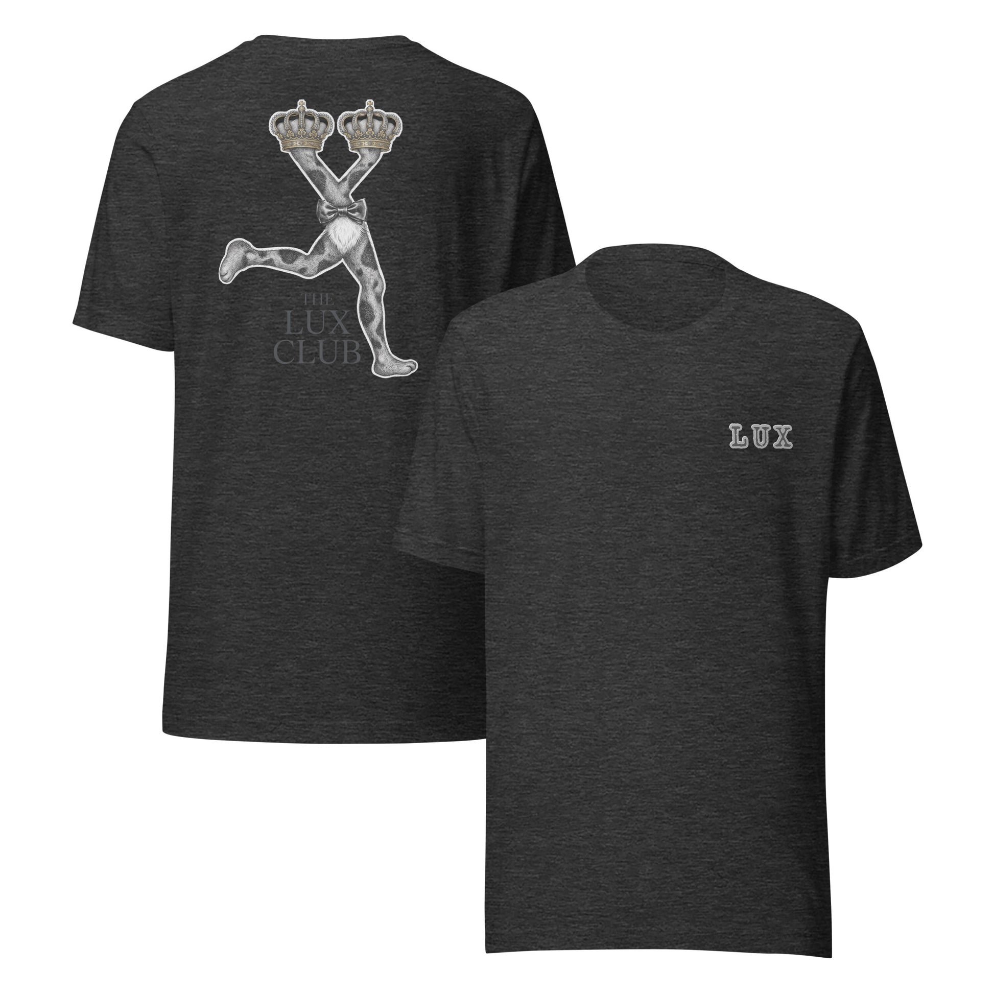 Dark Grey t-shirt with a graphic design of LUX club,front and back view