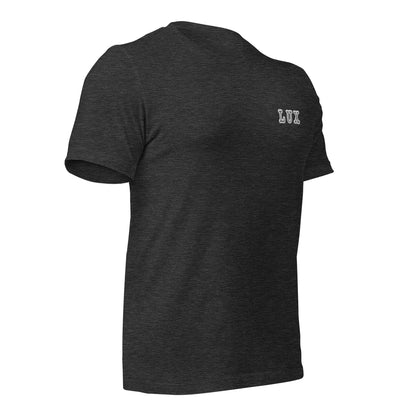 Grey t-shirt with thr  small logo of LUX character on the chest against a white background