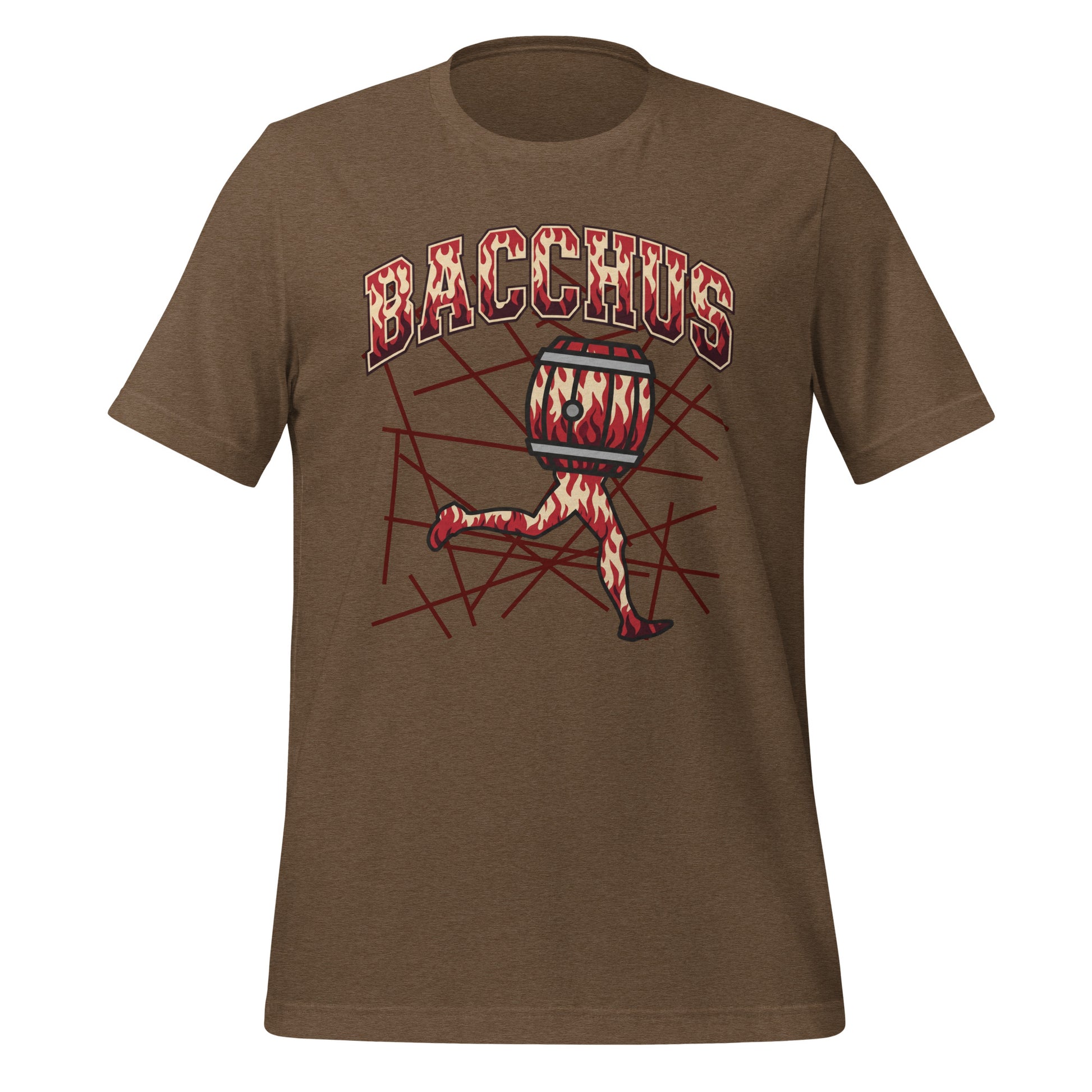 Brown t-shirt with 'Bacchus' graphic design and graphic design  on a white background