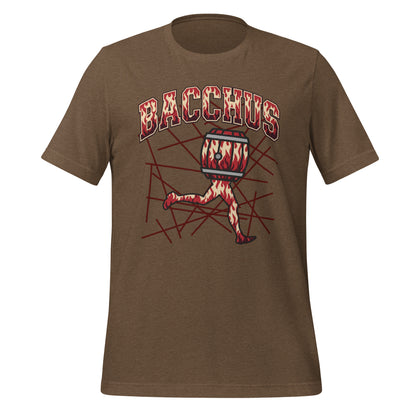 Brown t-shirt with 'Bacchus' graphic design and graphic design  on a white background